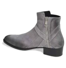 Handmade Shaded Dark Gray Low Ankle Side Zipper Dress Boots For Mens