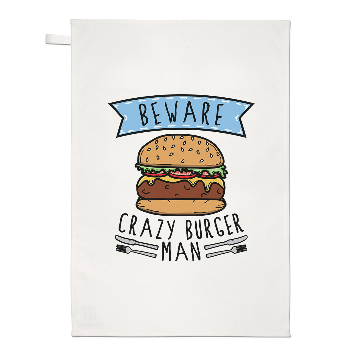 Beware Crazy Burger Man Tea Towel Dish Cloth Fast Food Funny Joke