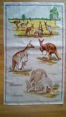 Vintage Neil Linen Red Gray Kangaroo Tea Towel Australia 18.25 by 31'' Souvenir