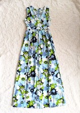 Handmade Groovy Blue Green Flower Power Sleeveless Maxi Dress Fit Flare