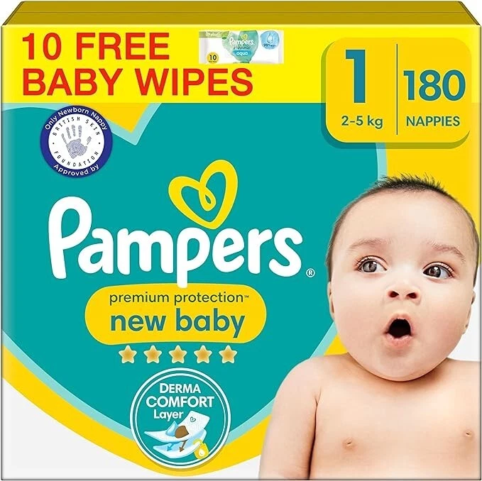 Product Image for Pampers Premium Protection New Baby Size 1, 180 Nappies, 2kg-5kg, Monthly Pack +