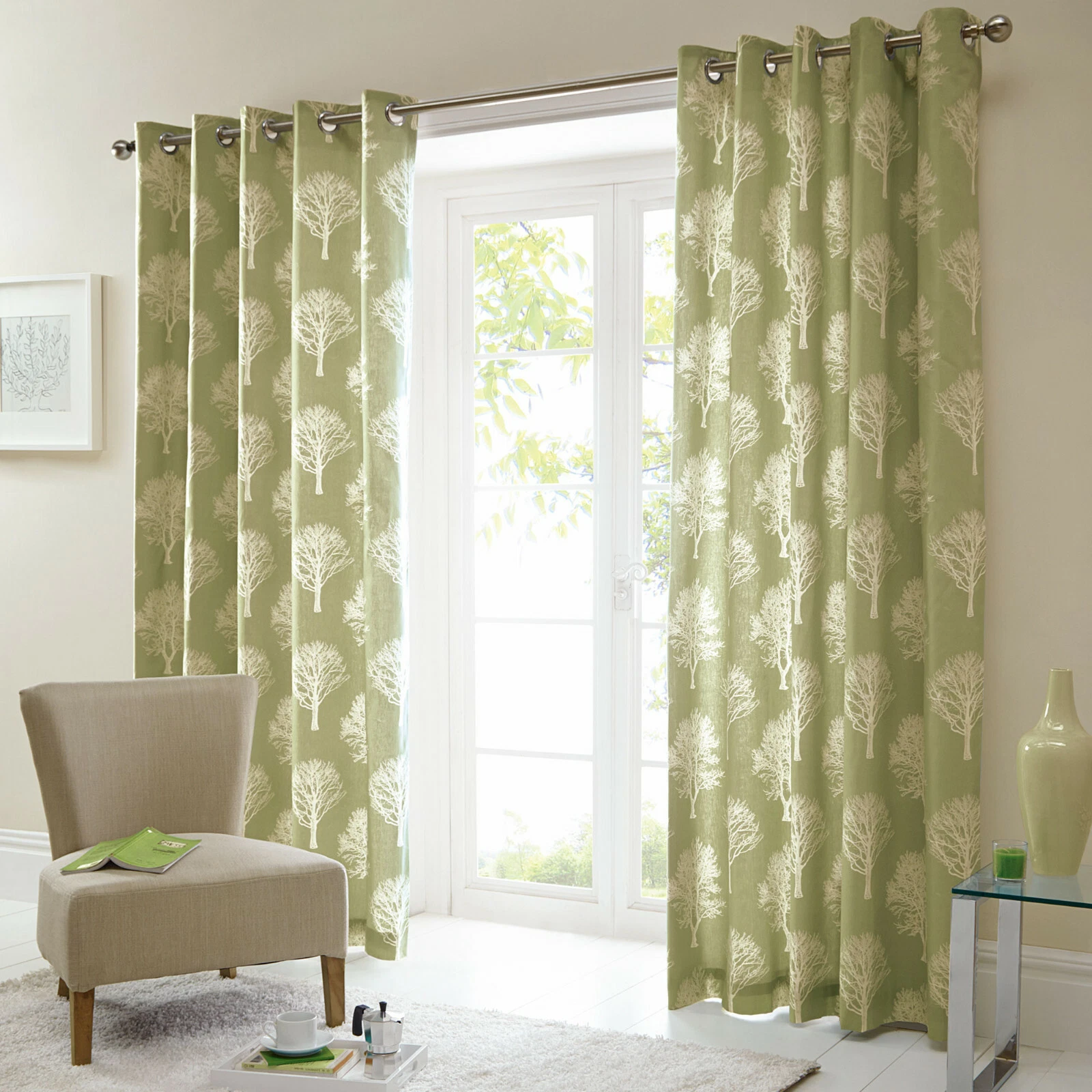 Green Eyelet Ready Made Lined Curtains 100% Cotton Woodland Trees Choice of Size