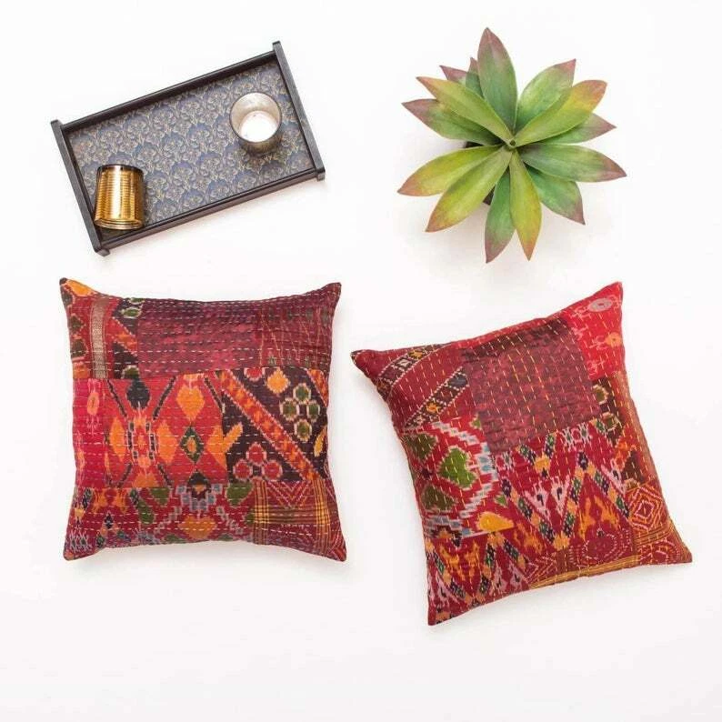 Silk Patola Patchwork Indian Handmade Queen Cotton Kantha Quilt Throw Bedspread - Image 3 of 4