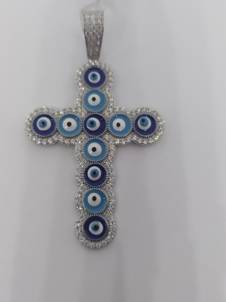 Evil Eye Pendant Cross Very Unique REAL 925 Sterling Silver Evil Eye