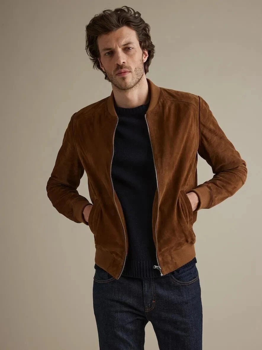 Brown Suede Leather Bomber Jacket Men Pure Lambskin Made To Measure Coat Jacket
Opens in a new windo