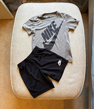 Nike Boys Size 5 2-Piece Outfit Set Logo Gray Crewneck Tee  Black Shorts