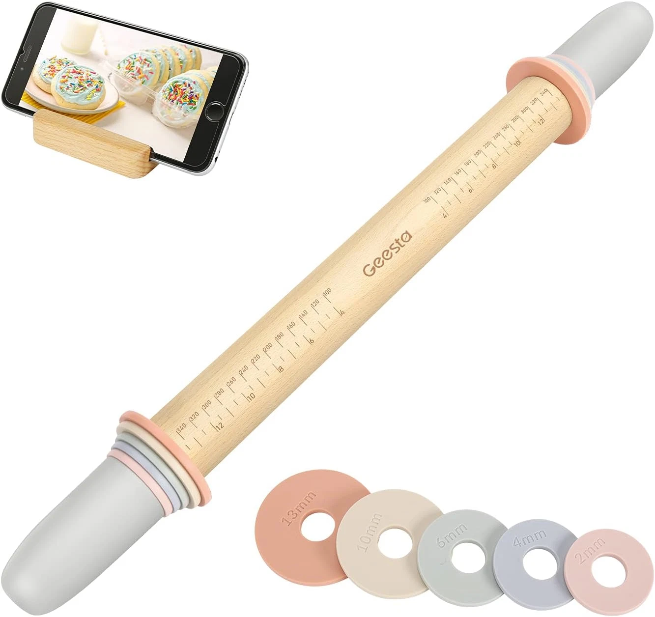 Geesta Adjustable Wood Rolling Pin with 5 Thickness Rings, Precise Dough Roller