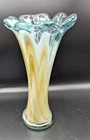 9 FINGER SWUNG ART GLASS VASE MURANO STYLE MARBLE VINTAGE MCM HAND BLOWN