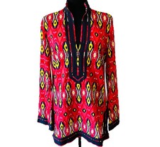 Tory Burch Ikat Print Tunic Red Yellow Black Cotton V‑Neck Boho Style Size 8