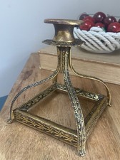 Damascene Style candlestick Ornate Intricate Design Gold Metal Vintage 12cm Tall