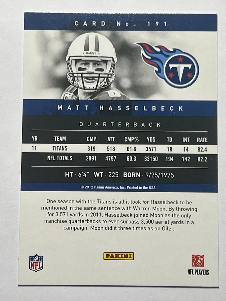 2012 Prestige Matt Hasselbeck #191 Extra Points Gold Tennessee Titans - Image 2 of 2