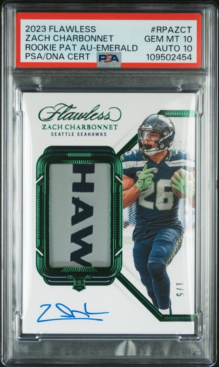 2023 Flawless Zach Charbonnet Rookie Patch Auto Emerald RPA /5 PSA 10 Auto 10