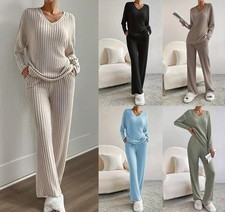 Women Ribbed Pyjamas Set, Ladies 2 Piece Loungewear Tracksuit Sleepwear Homewear