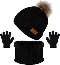 Kids Hat Scarf Gloves Set, Kids Winter Beanie Hat Scarf Gloves Set with Knit Thi