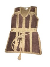 Vintage 70s 60s Hippie Leather Crochet Button Front Vest Brown Womens Boho M