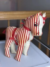 VINTAGE Oil Cloth Vinyl Horse Christmas Red Strips Plush Toy Carnival 1950s