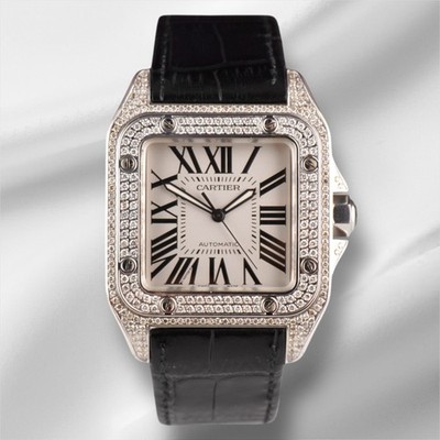 Cartier Santos 100XL Mens Iced Out 4.0ct Genuine Diamonds Roman Leather Ref 2656