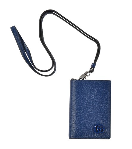 Authentic Gucci Blue Leather GG Marmont Card Case Wallet w/ Strap 700707 New