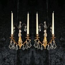 Beautiful Pair Antique French Gilt Bronze Brass 2 Arm Crystal Candle Wall Lights
