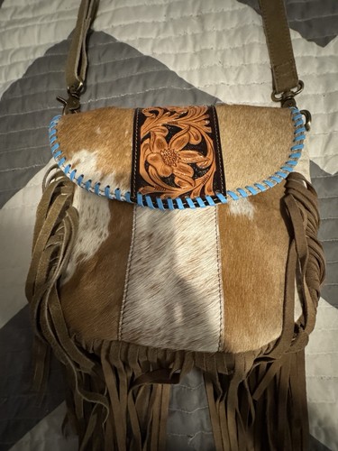 Leather Crossbody Bag W/Hsir On Cowhide Teal Lacing & Fringe NEW - Picture 2 of 14