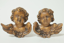 2 Vecchio Intagliato Holzengel Figura di Legno Angelo Putto Busto da Parete