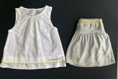 FRENCH DESIGNED IKKS SET  4 YR GIRL WT BLOUSE GREY & NEON YELLOW SKIRT NWT