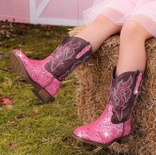 Girls Boots Cowboy Western Boots Kids Mid Calf Glitter Boots Round Toe