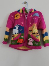 Toddler Rainbow Pink Peruvian Alpaca Sweater Zipper Cardigan Embroidered Hooded