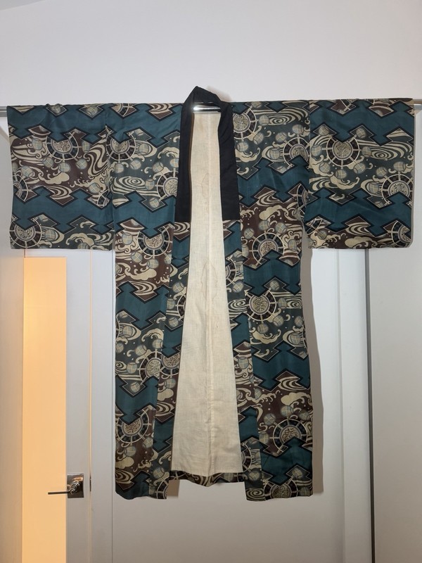 Blue Geometric Silk Satin Japanese Kimono Haori Jacket, One Size Unisex