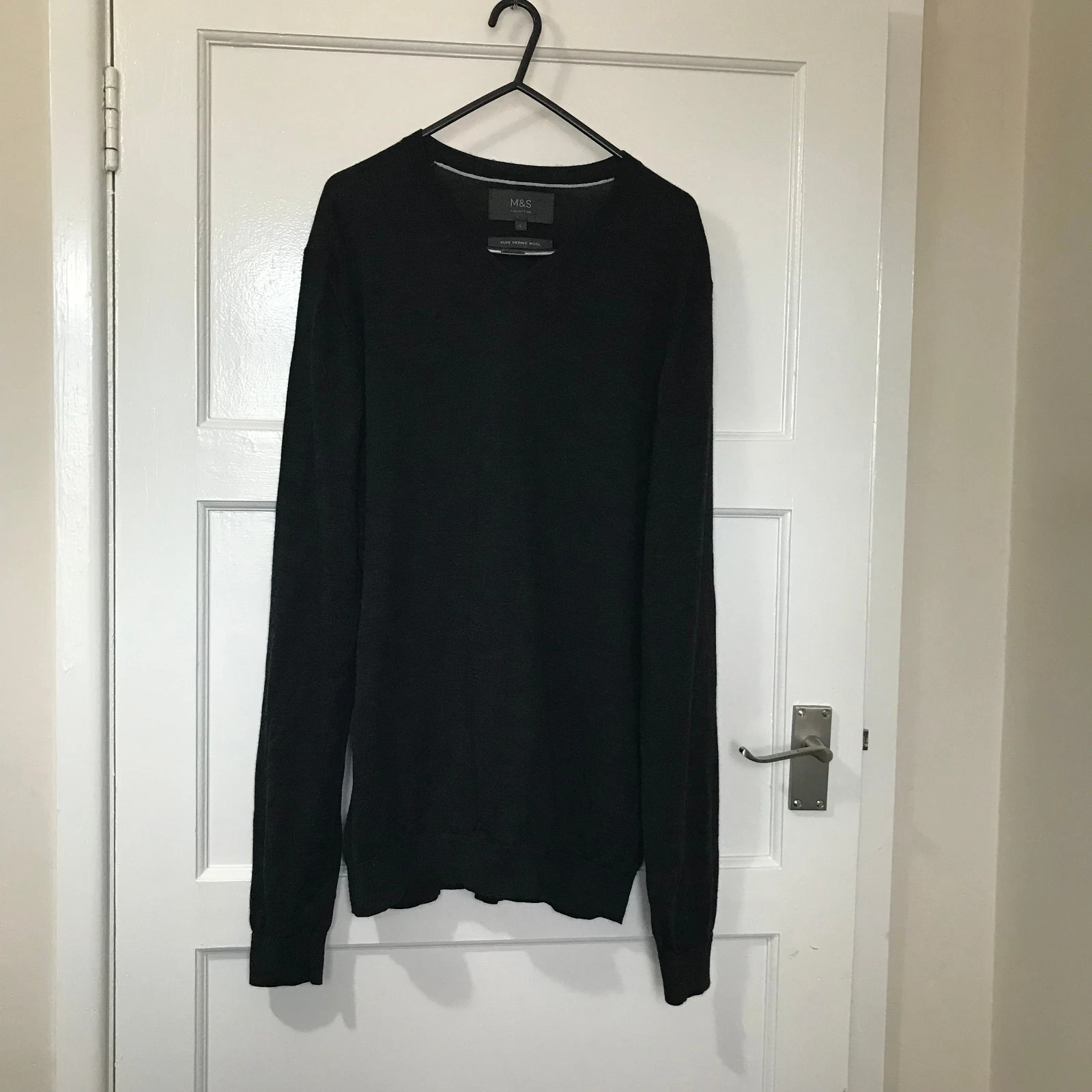 Marks & Spencer Mens Pure Merino Wool Jumper Dark Grey Large L Charcoal V Neck