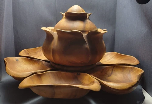 Vintage MCM Hand Carved Monkey Pod Lotus Serving Bowl Set