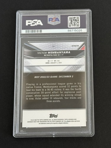 Victor Wembanyama 2022 Bowman University Best Refractor #51 PSA 9 - Picture 5 of 7