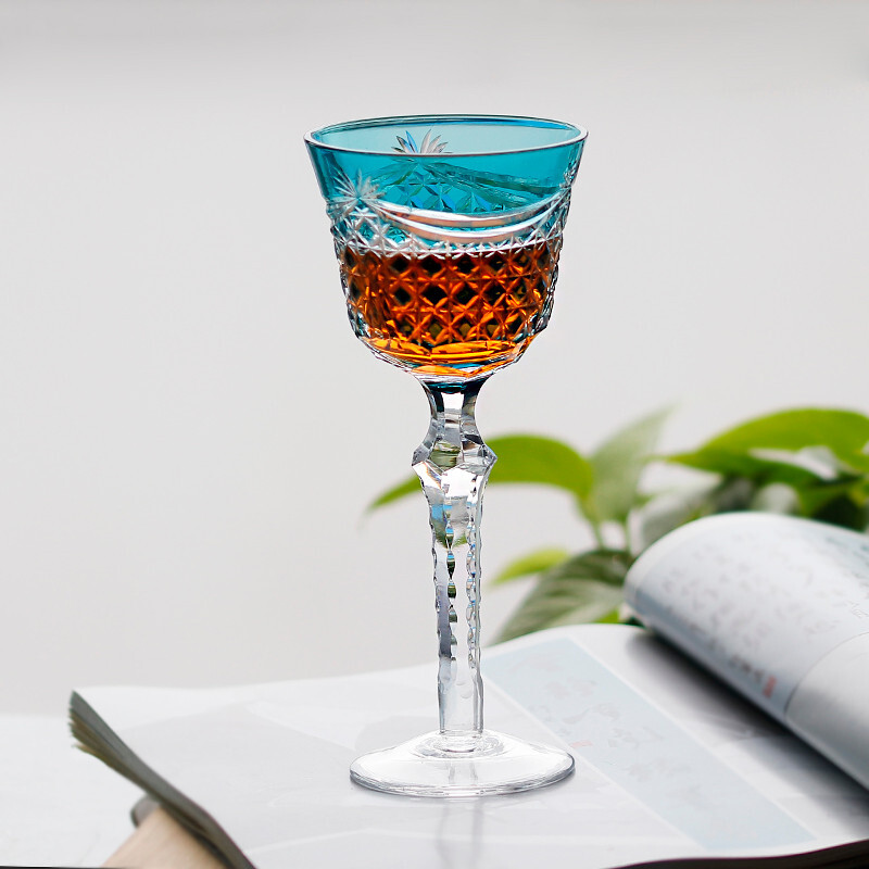 Bohemian Style Sky Blue Wine Goblet Glasses Hand Cut To Clear Stemware Gift Pack