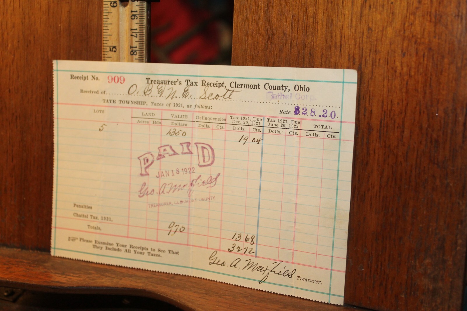 Antique Ohio Tax Receipt Clermont County Tax 1921 eBay