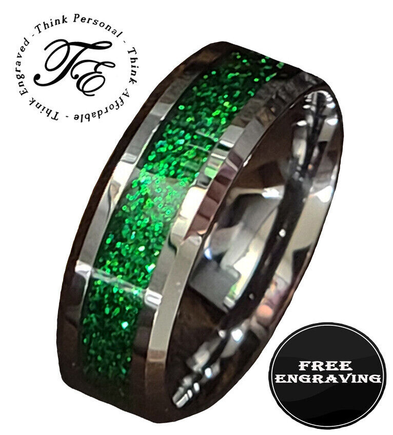 Engraved Men's Green Emerald Tungsten Wedding Ring Band