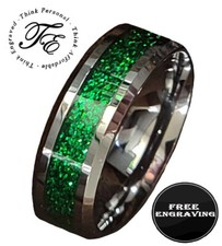 Engraved Men's Green Emerald Tungsten Wedding Ring Band