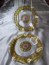 2 VTG MCM GLASS GEOMETRIC DESIGN FLUTED GLASS ORANGE, GOLD YELLOW TRINKET DISHES