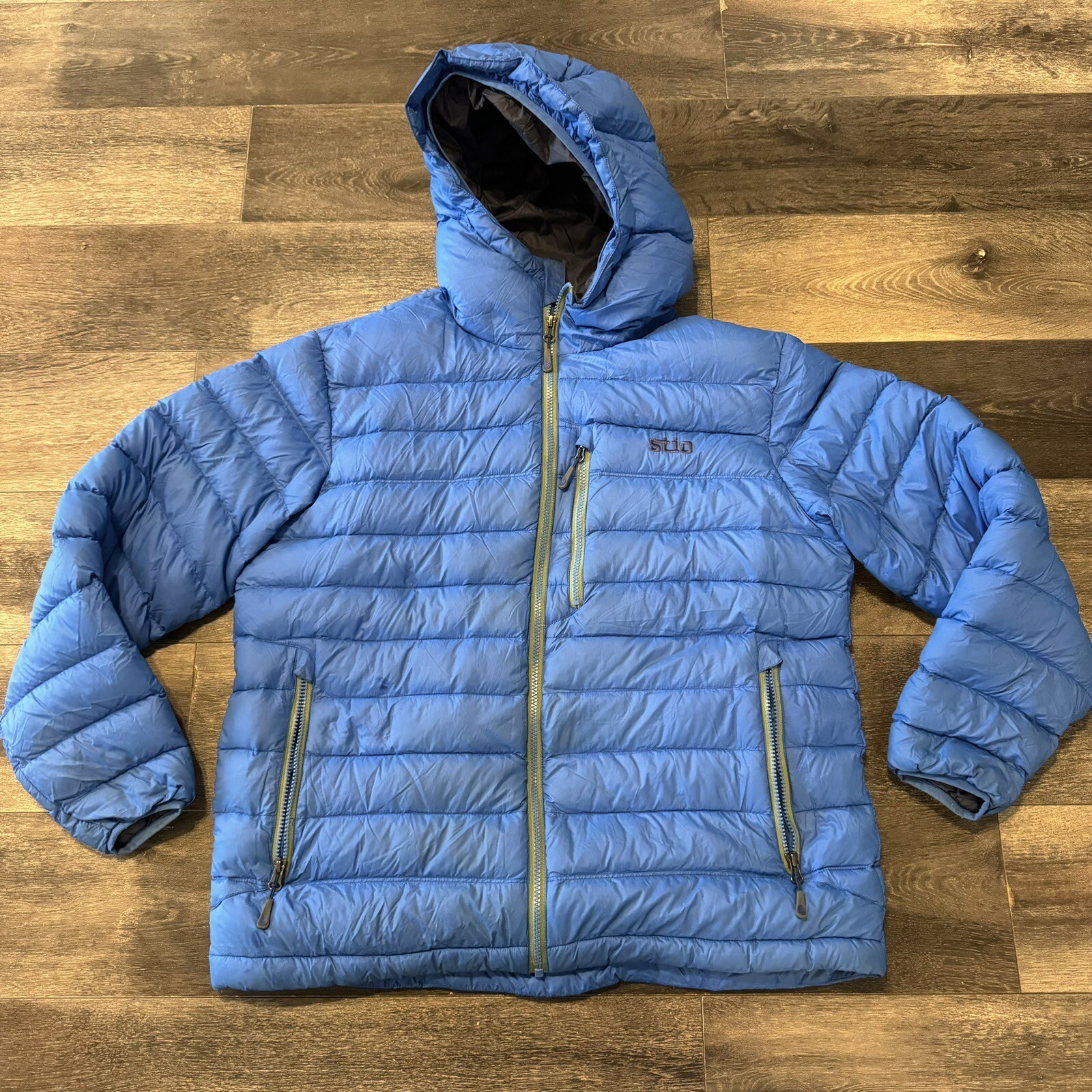 Stio Mens Large Hometown Down Hooded Puffer Blue Jacket Coat Full Zip