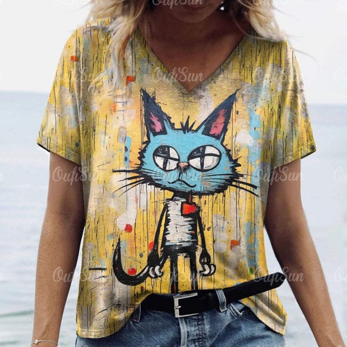 Women’s 3D Cat Print T-Shirt Casual Oversized Tee, Short Sleeve Crew Neck Street - Picture 107 of 124