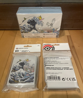 New Pokemon Center TCG Great Wave Pikachu Friends Deck Box & 2 Card Sleeve Packs