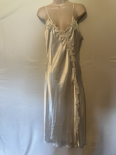L.A. Intimates bridal white satin second skin pearl trimmed nightgown s ruffle