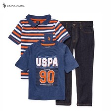 US Polo Assn. Boys 3-Piece Tshirt Polo Denim Jeans Pant Set 3pc Outfit 5-6 44