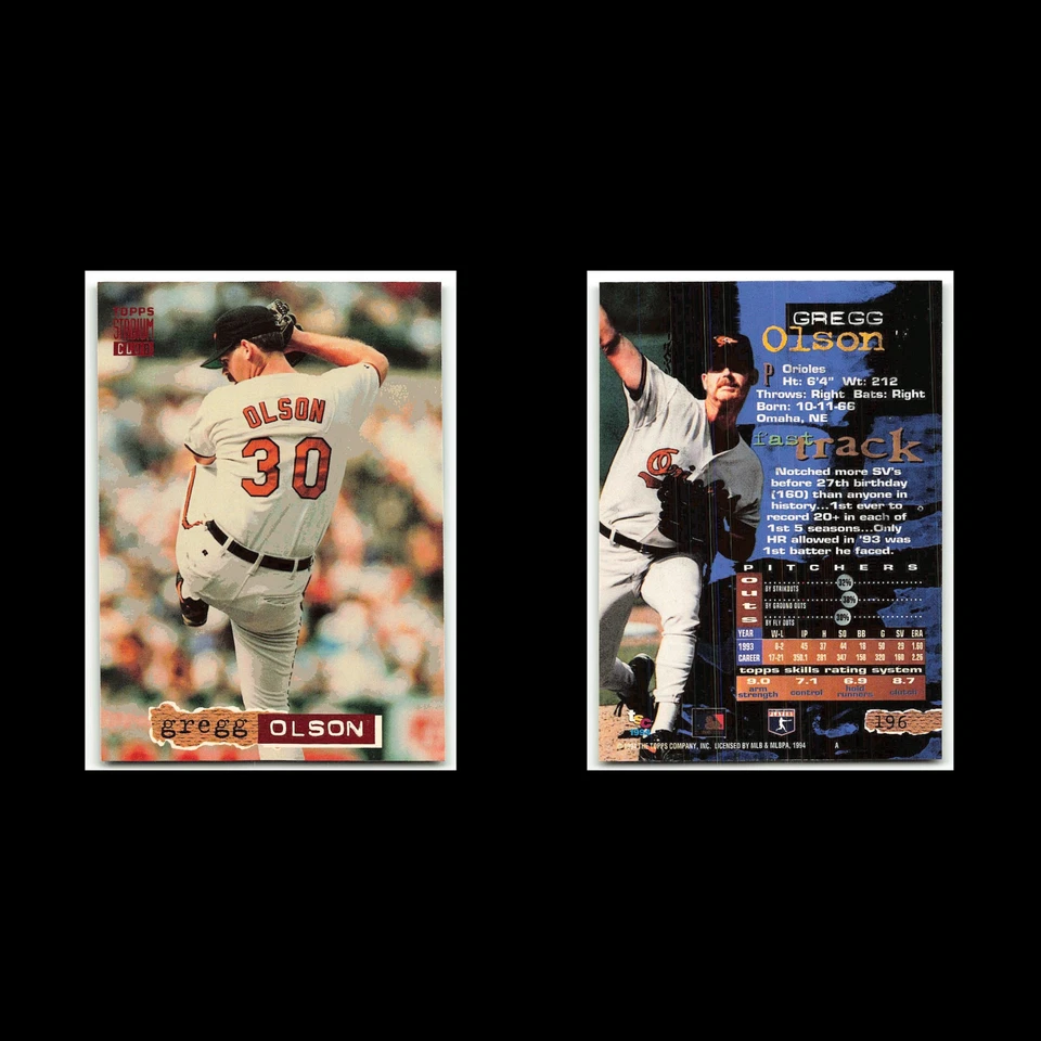 Gregg Olson #196 1994 Topps Stadium Club Baltimore Orioles Baseball Card MLB NM - Image 3 of 3