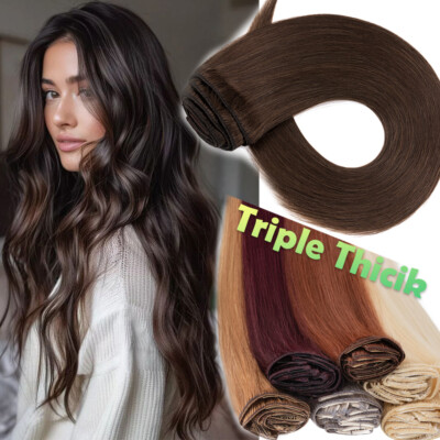 Extra Thick Double Weft Clip In Remy Human Hair Extensions Russian FULL HEAD 8ps