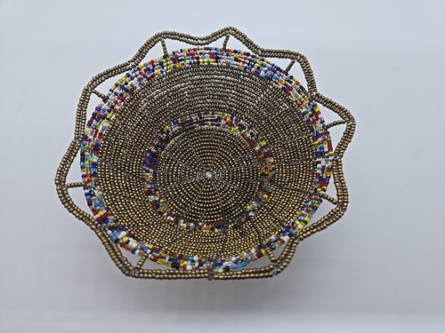 Handcrafted Wire and Seed Bead Bowl Gold and Multicolored Beaded Trinket 6” Dish - Picture 5 of 7