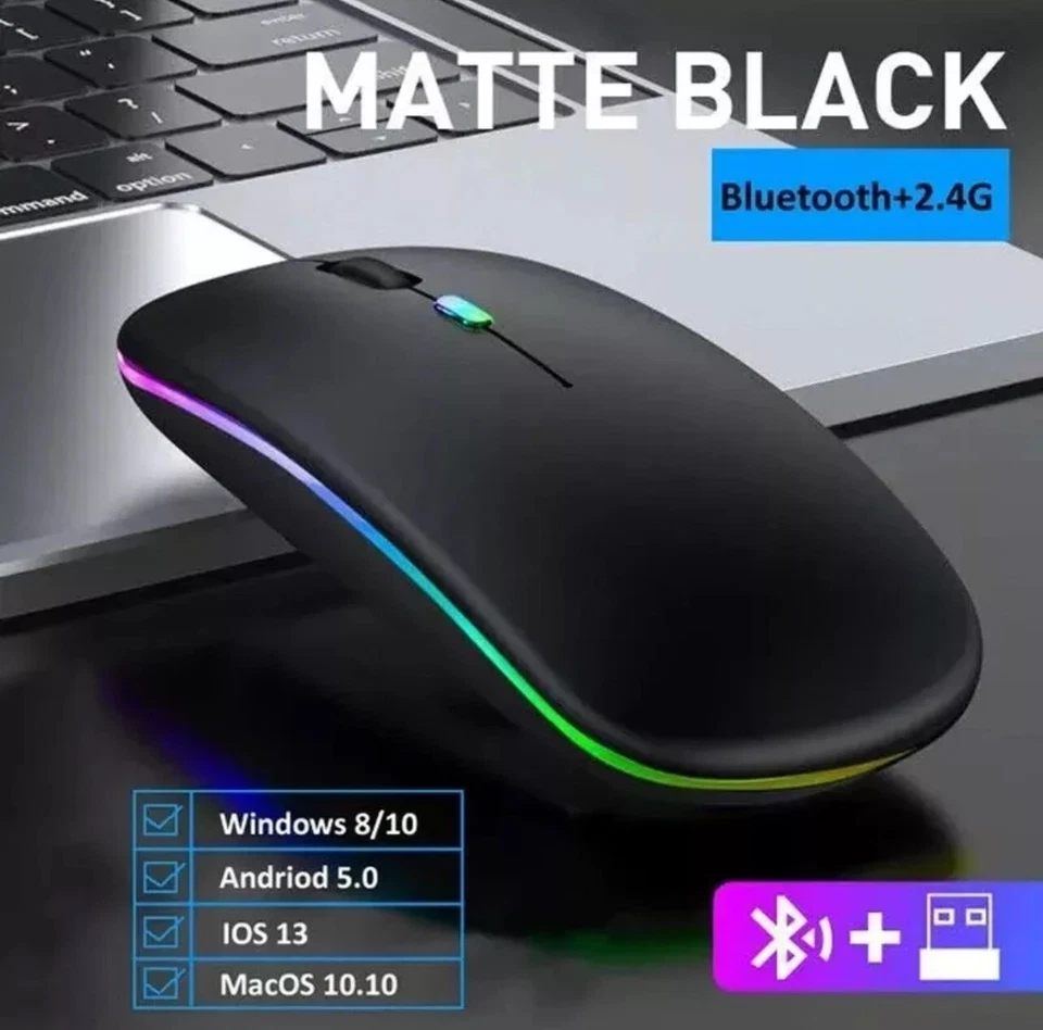 Wireless Mouse Bluetooth Optical 2.4GHz USB Rechargeable RGB Mice for PC Laptop - Image 2 of 4