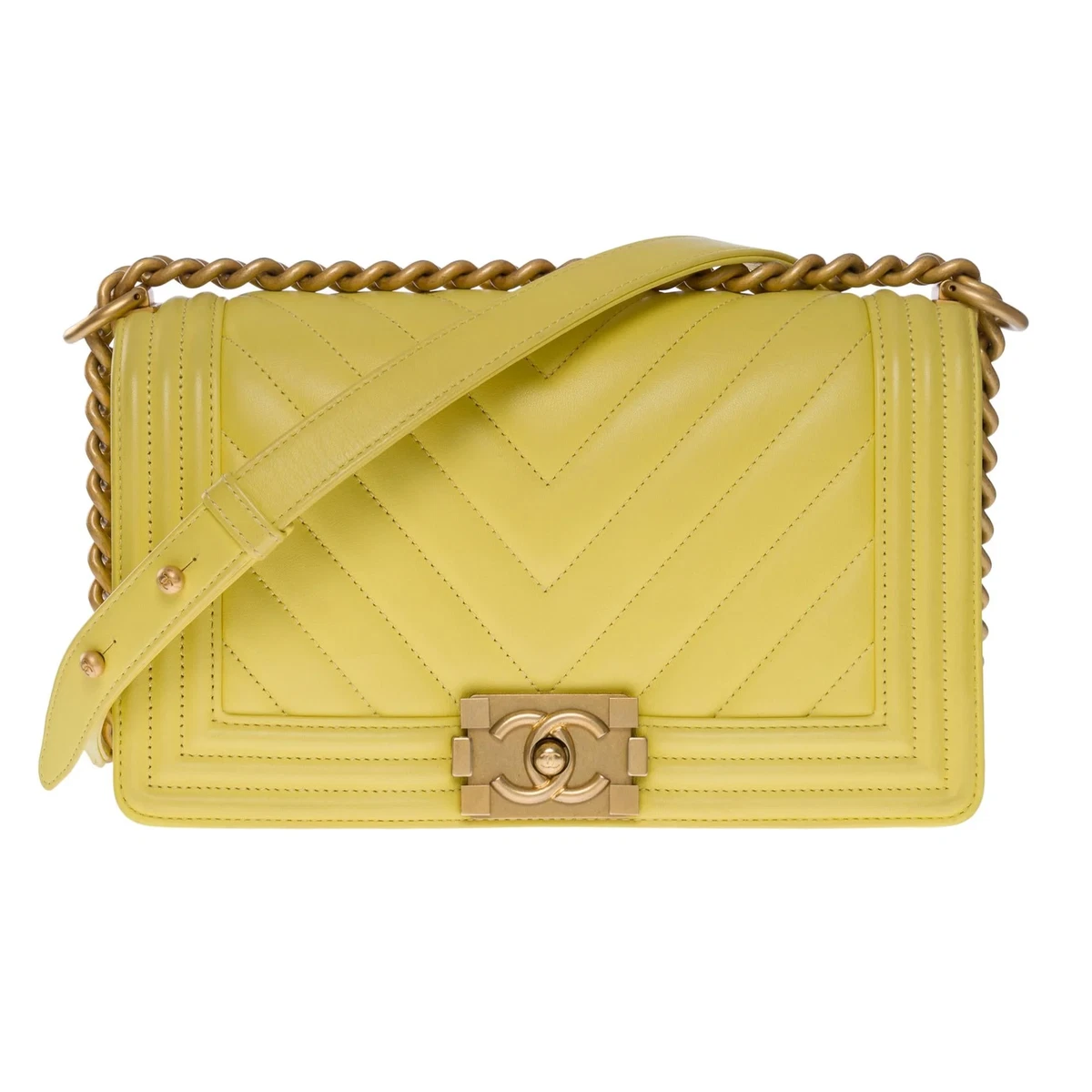 CHANEL Boy Old Medium shoulder bag in Yellow quilted herringbone