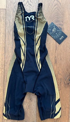 TYR Women's Girls 24 Black Gold AP12 Open Back Swim Suit Short John USA New Box - Picture 2 of 10