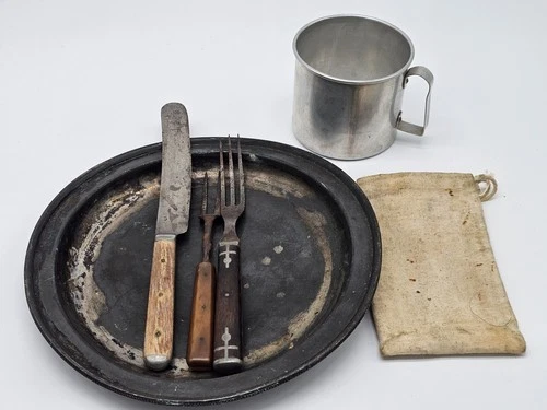 Civil War Reenactment Plate Cup Utensils Lot With Canvas Bag Camp Fork Knife