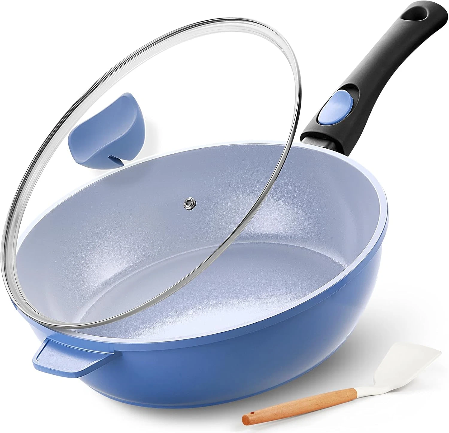 IKTU Ceramic Nonstick Deep Frying Pan, 11Inch Nonstick 4Qt Saute Pan with Helper